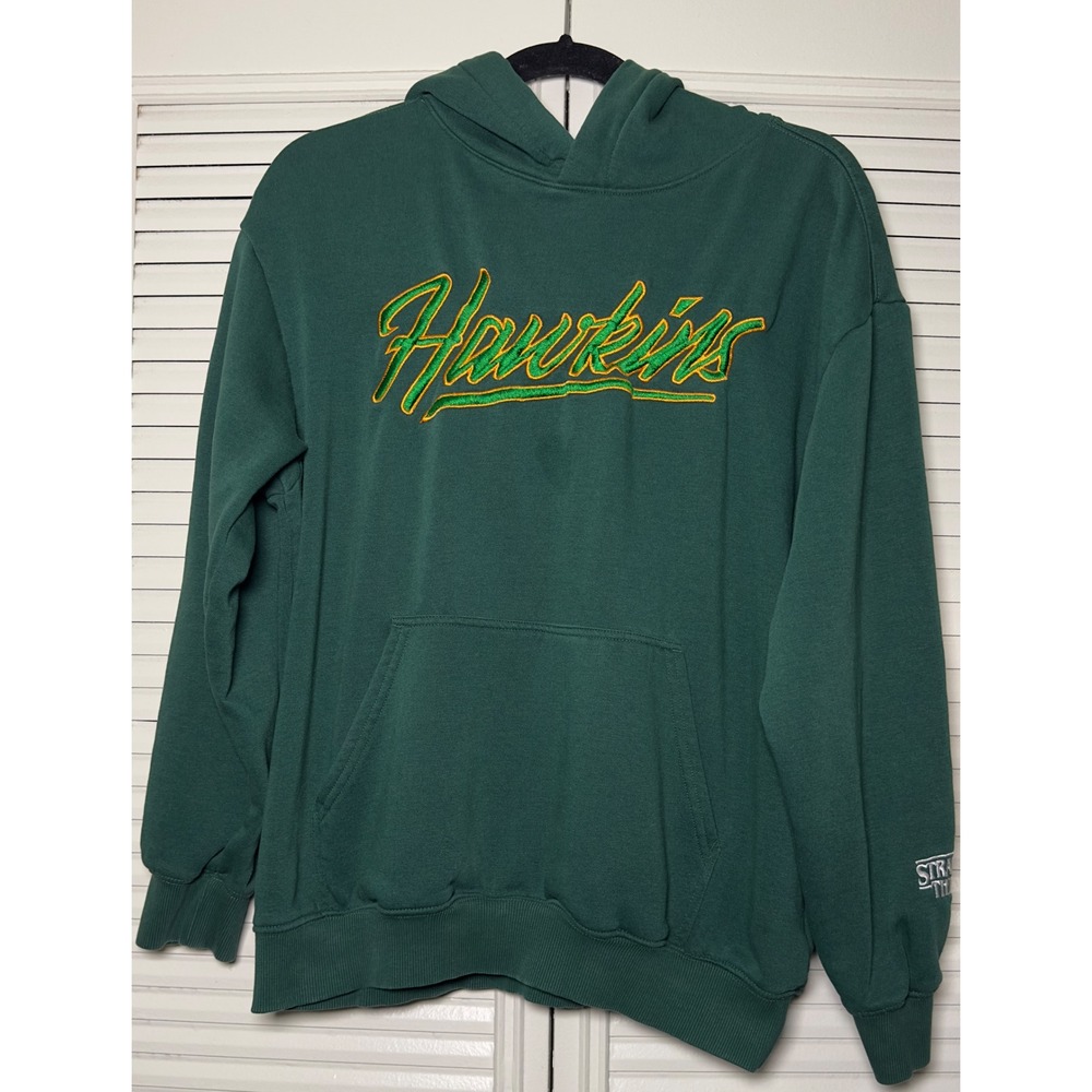 Stranger Things H&M Hawkins Embroidered Green‎ Hoodie Size S *STAIN*